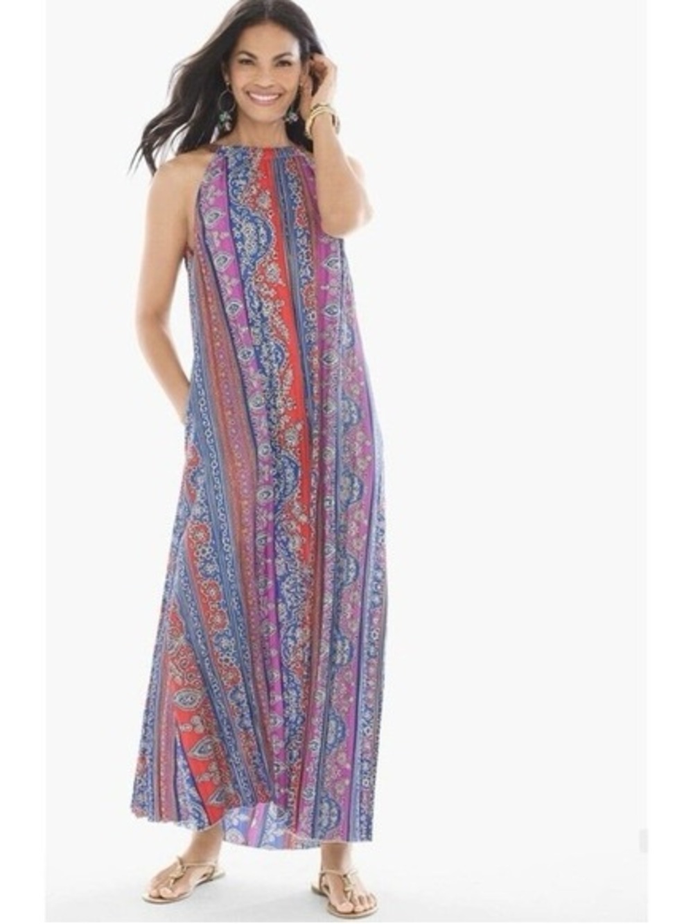 Chico's Henna Stripe Pleate Maxi Dress 
Halter Paisley Stripe